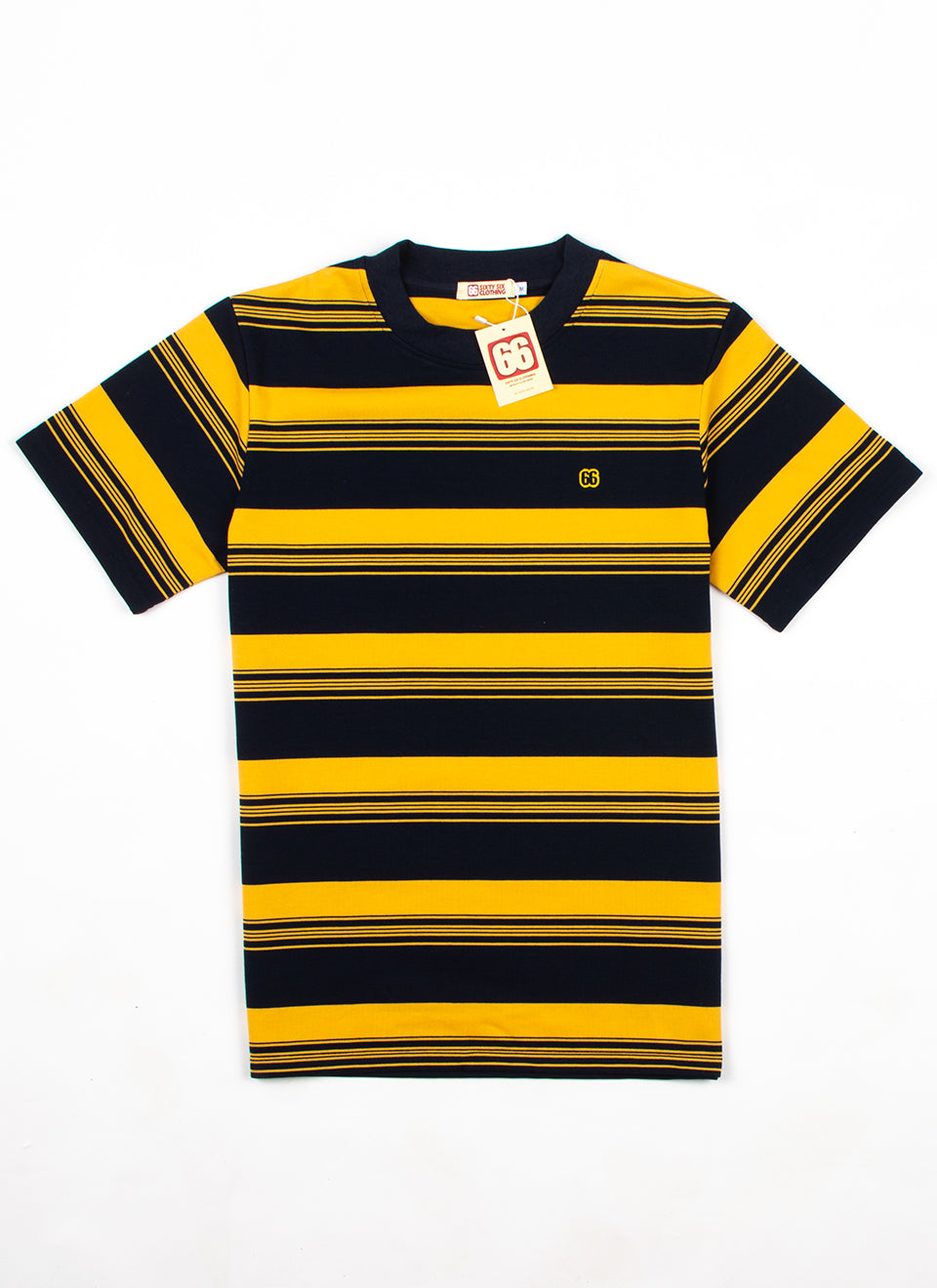 The Downing Navy & Sunset Yellow - 60s Surf Inspired Stripe 300g T-shirt by 66Clothing