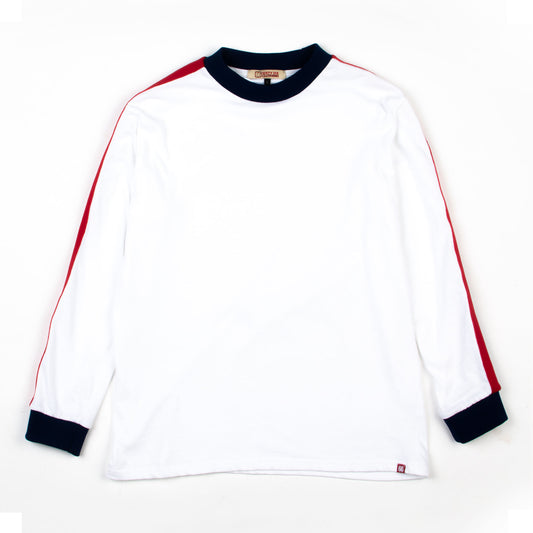 The ‘Euro’ Top White – Red Blue Stripe Long Sleeve By 66 Clothing Made In UK