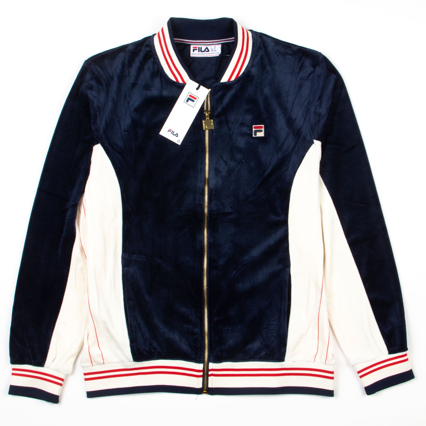 FILA Miguel Velour Track Jacket in Navy/Gardenia/Red