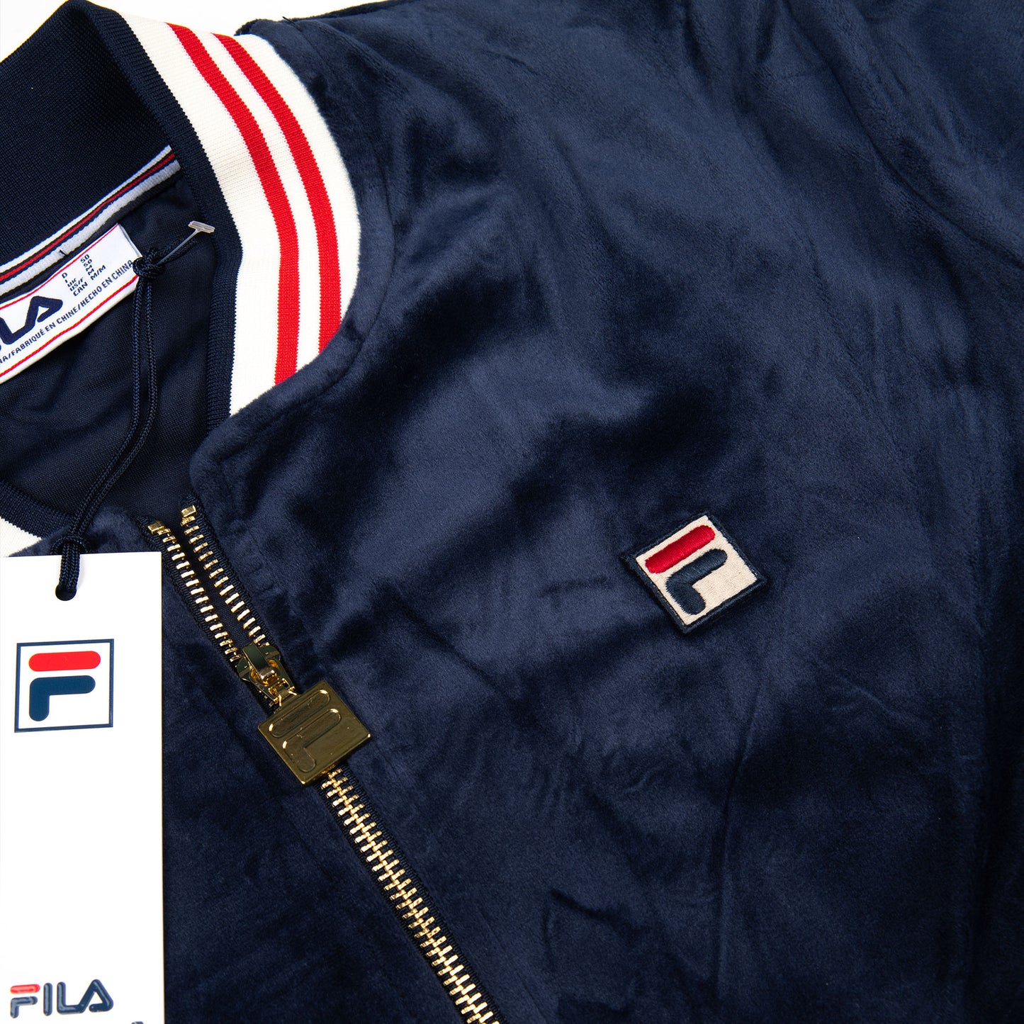 FILA Miguel Velour Track Jacket in Navy/Gardenia/Red