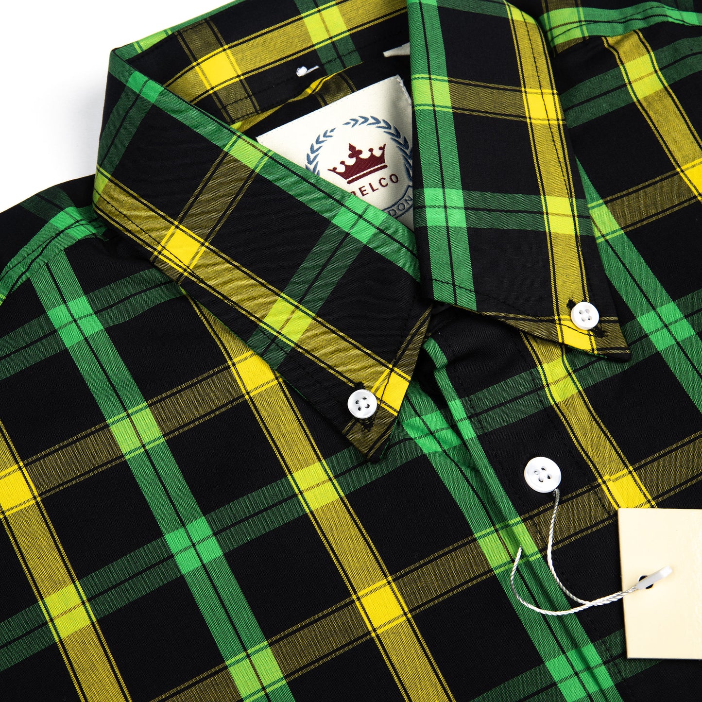 Green, Yellow & Black Check Button Down Short Sleeve Shirt