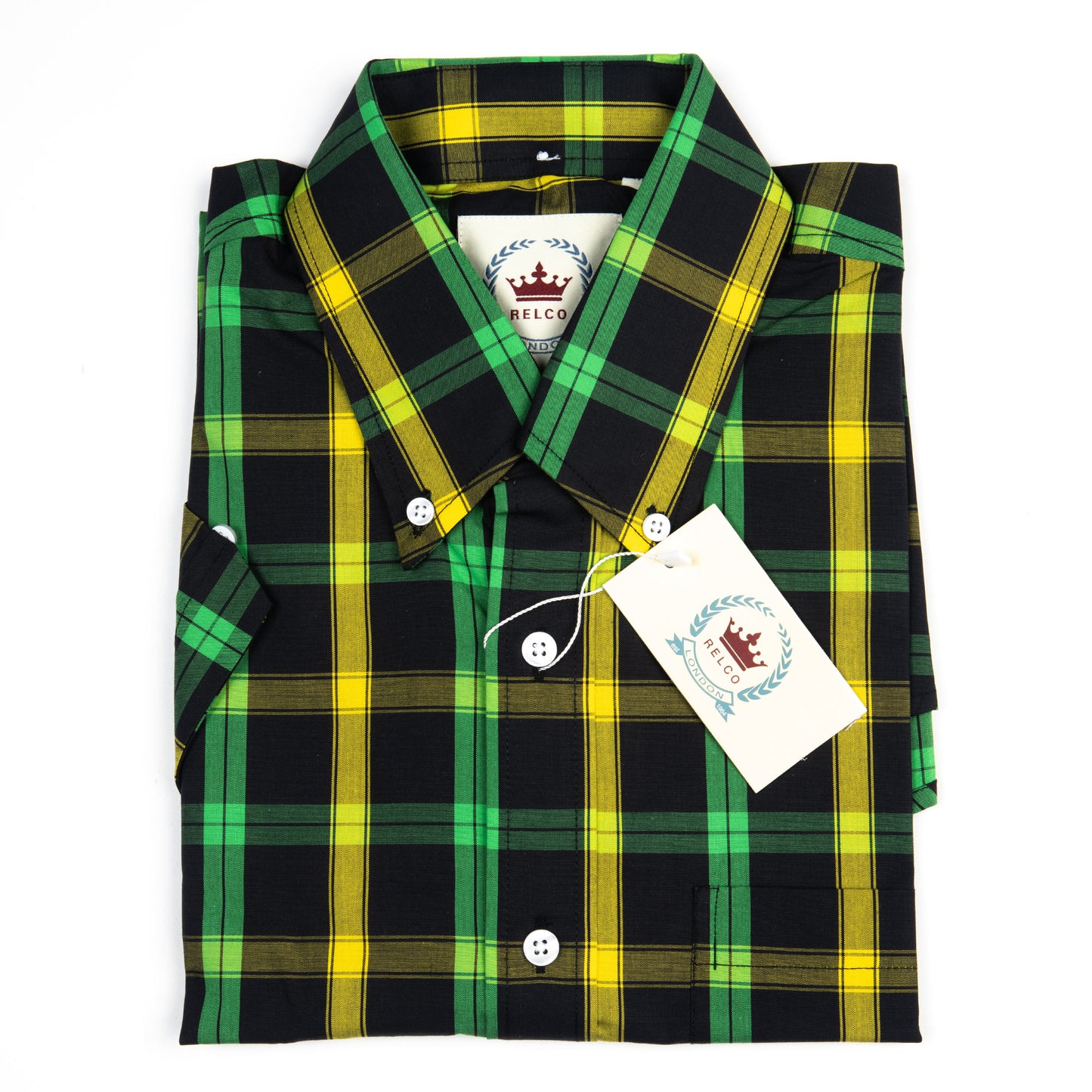 Green, Yellow & Black Check Button Down Short Sleeve Shirt
