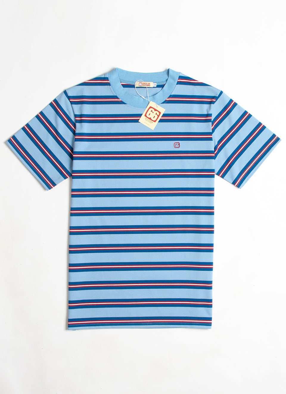 The Downing 2 Shades Of Blue & Dark Red  - 60s Surf Inspired Stripe 300g T-shirt by 66Clothing