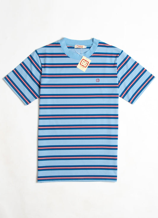 The Downing 2 Shades Of Blue & Dark Red  - 60s Surf Inspired Stripe 300g T-shirt by 66Clothing