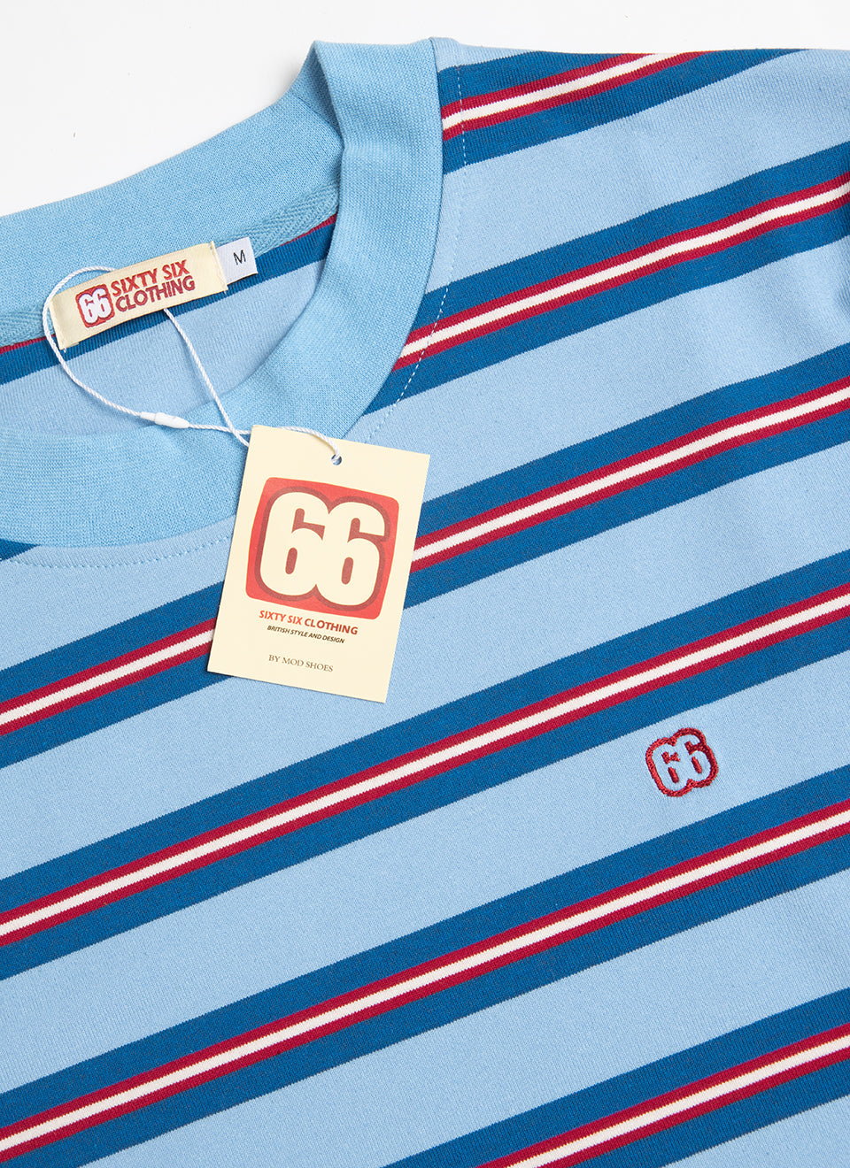 The Downing 2 Shades Of Blue & Dark Red  - 60s Surf Inspired Stripe 300g T-shirt by 66Clothing