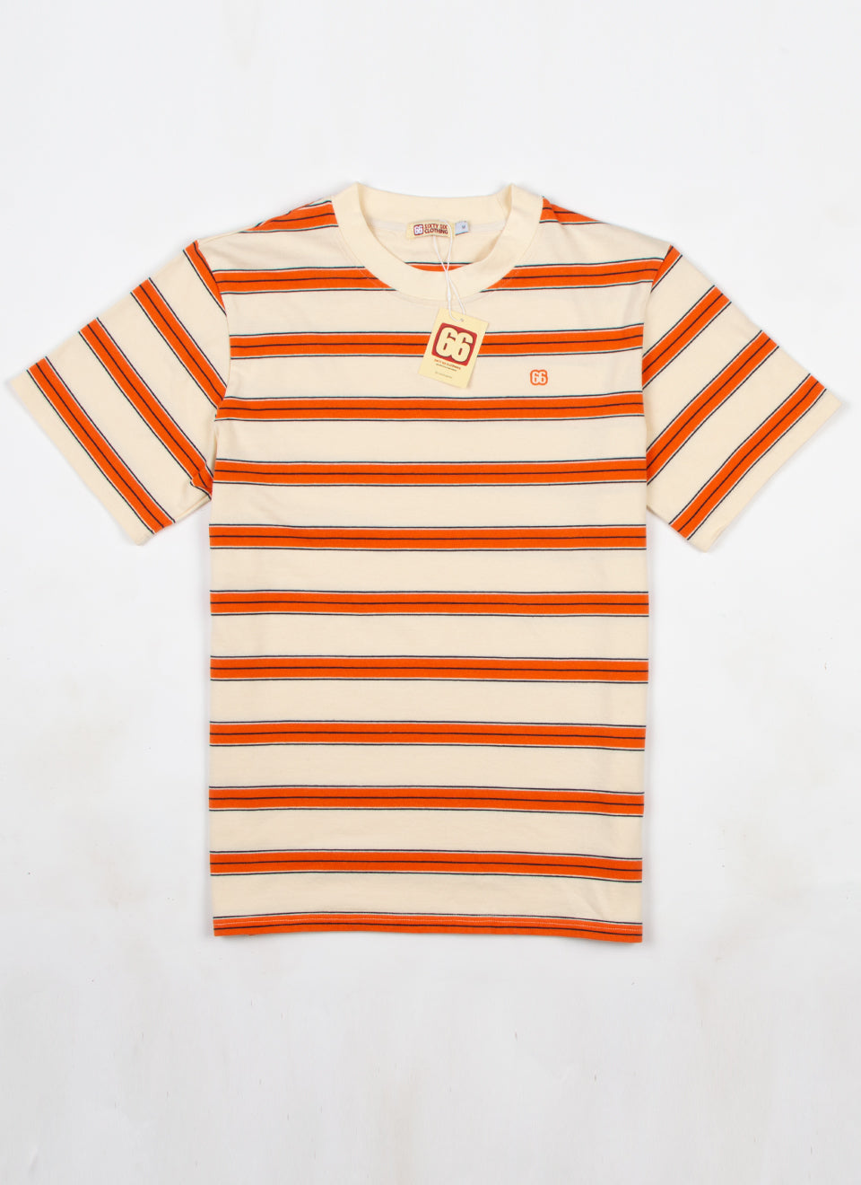 The Downing Cream Sunset Orange & Navy  - 60s Surf Inspired Stripe 300g T-shirt by 66Clothing