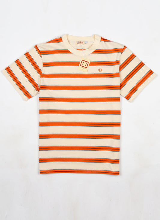 The Downing Cream Sunset Orange & Navy  - 60s Surf Inspired Stripe 300g T-shirt by 66Clothing