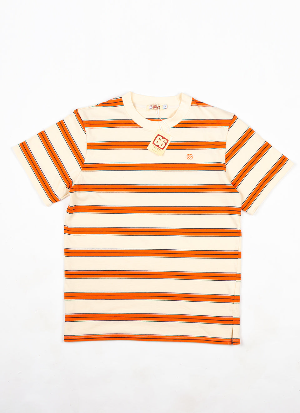 The Downing Cream Sunset Orange & Navy  - 60s Surf Inspired Stripe 300g T-shirt by 66Clothing