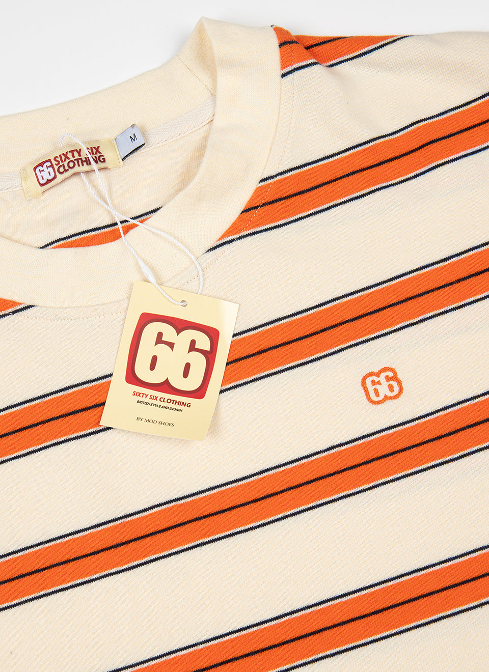 The Downing Cream Sunset Orange & Navy  - 60s Surf Inspired Stripe 300g T-shirt by 66Clothing